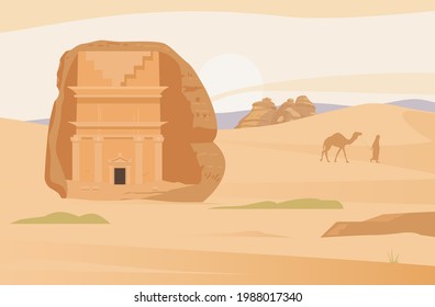 Saudi Arabia Desert Landscape With Ancient Tombs Of Al Ula. Hegra Ancient Village. Sand Rocks. Flat Vector Illustration.