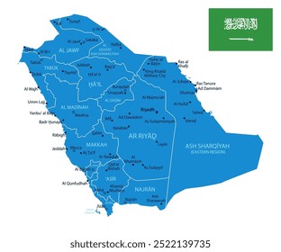 Arábia Saudita - mapa detalhado azul do país com cidades e regiões. Ilustração vetorial.