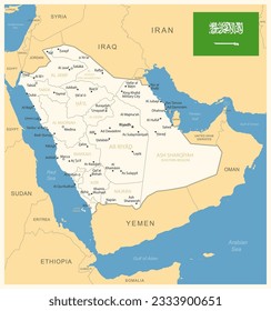 Saudi Arabia - detailed map with administrative divisions and country flag. Vector illustration