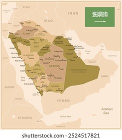Arábia Saudita - mapa detalhado do país em cores marrons, dividido em regiões. Ilustração vetorial