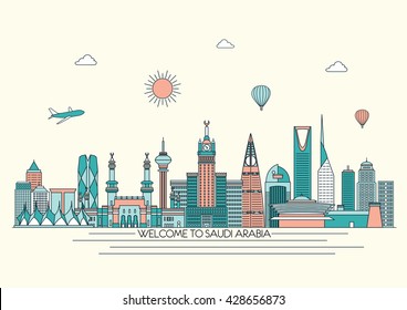 Saudi Arabia detailed Skyline. Travel and tourism background. Vector background. line illustration. Line art style