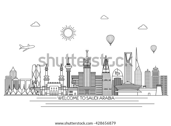 Saudi\
Arabia detailed Skyline. Travel and tourism background. Vector\
background. line illustration. Line art\
style