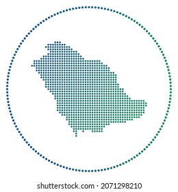 Insignia digital saudita. Mapa de estilo punteado de Arabia Saudita en círculo. Icono tecnológico del país con puntos degradados. Ilustración vectorial con clase.