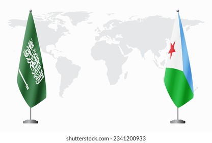 Saudi Arabia and Djibouti flags for official meeting against background of world map.