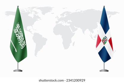 Saudi Arabia and Dominican flags for official meeting against background of world map.