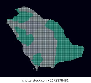 Saudi Arabia dotted map. Digital style map of the country on dark background. Saudi Arabia shape with square dots. Colored dots style. Small size squares. Stylish vector illustration.
