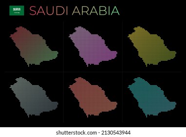 Arabia Saudita tiene un mapa de puntos. Mapa de Arabia Saudita con un estilo punteado. Las fronteras del país están llenas de hermosos círculos de gradientes lisos. Auténtica ilustración vectorial.