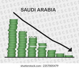Saudi Arabia economic collapse, decreasing values with coins, crisis and downgrade concept, Saudi Arabia flag with changes, falling arrow, news banner idea, fail and decrease, financial decline