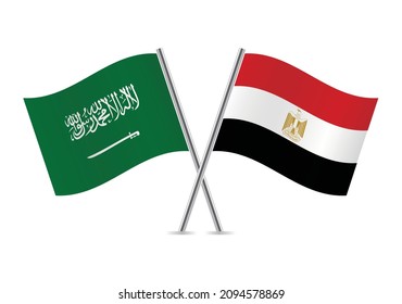 Saudi Arabia and Egypt flags. Saudi and Egiptian flags isolated on white background.  Vector illustration.