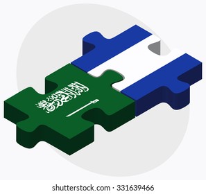 Saudi Arabia and El Salvador Flags in puzzle isolated on white background