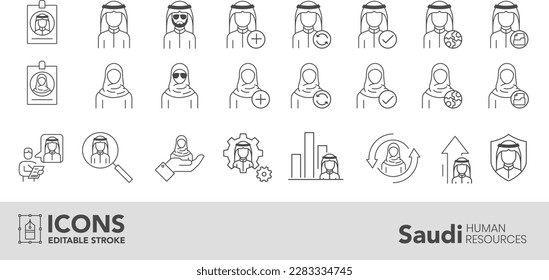 Saudi Arabia employees . Arabian business employees vector line editable stroke 