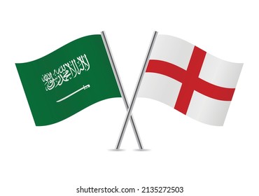 Saudi Arabia and England crossed flags. Saudi Arabian and English flags, isolated on white background. Vector icon set. Vector illustration.