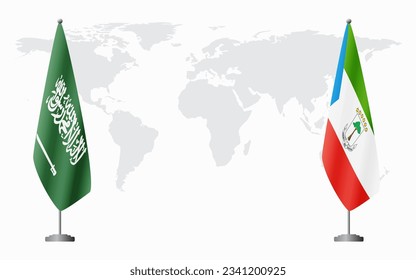Banderas de Arabia Saudita y Guinea Ecuatorial para una reunión oficial contra el fondo del mapa mundial.