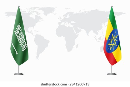 Saudi Arabia and Ethiopia flags for official meeting against background of world map.