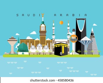 Saudi Arabia Famous Landmarks Infographic Templates for Traveling Minimal Style and Icon, Symbol Set Vector Illustration Can be use for Poster Travel book, Postcard, Billboard.