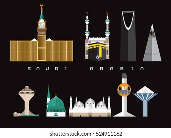 Arábia Saudita Marcos Famosos Modelos Infográficos para Viajar Estilo Mínimo e Ícone, Conjunto de Símbolos Ilustração Vector Pode ser usado para Poster Livro de Viagem, Cartão Postal, Billboard.