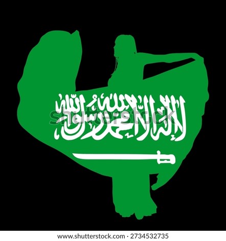 Saudi Arabia flag belly dancer woman vector silhouette illustration isolated. Traditional Arab entertainment oriental dance sensual move erotic lady. Middle east culture. Harem amusement Arabic orient