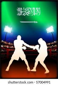 Saudi Arabia Flag with Boxer on Stadium Background Original Illustration