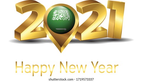 Saudi arabia flag button happy new year 2021 golden  