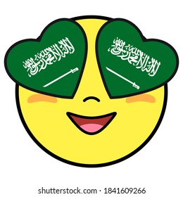 Saudi Arabia flag button. Patriotic smile in hearts glasses. Emoji icon isolated on white background.