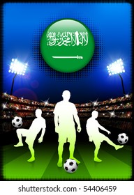 Botón de bandera de Arabia Saudita con partido de fútbol en el estadio Ilustración original