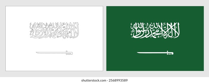 Saudi Arabia flag - coloring page. Set of white wireframe thin black outline flag and original colored flag.