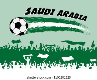 Saudi Arabia flag colors with soccer ball and Arab supporters silhouettes. All the objects, brush strokes and silhouettes are in different layers and the text types do not need any font. 