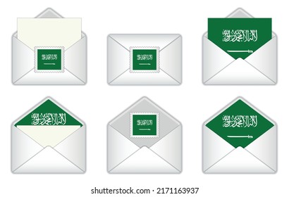 Saudi Arabia flag in the envelope. Saudi Arabian stamp flag. Opened, closed Saudi Arabian letter, isolated on white background.
