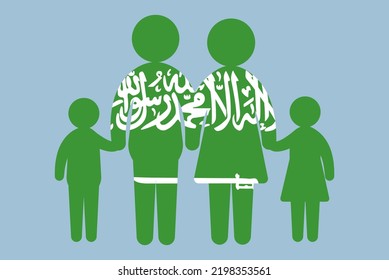 Saudi Arabia flag with family concept, vector element, parent and kids holding hands, immigrant idea, happy family with Saudi Arabia flag, flat design asset