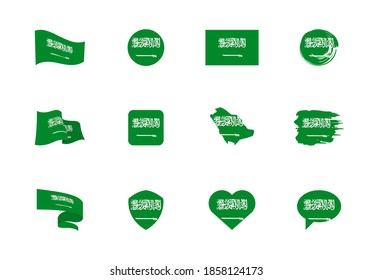 Saudi Arabia flag - flat collection. Flags of different shaped twelve flat icons. Vector illustration set