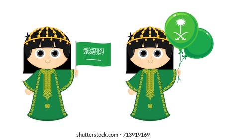 Saudi Arabia Flag ,   Girl is wearing an Old Traditional dress and carrying KSA flag 