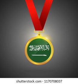 Saudi Arabia Flag in gold Medal, Golden Badge, Sport Game Golden Challenge Award. Vector Illustration.