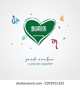 Saudi Arabia flag with a heart shape, with I love my country slogan for Saudi Arabia Independence Day. Vector illustration.