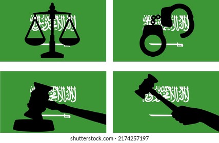 Bandera de Arabia Saudita con silueta vectorial de justicia, martillo de gel de juez y escalas de justicia y silueta de esposas en la bandera del país, concepto de ley de Arabia Saudita, activo de diseño, idea de libertad