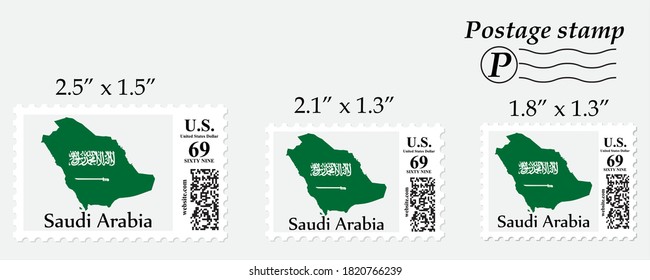 Mapa de la bandera de Arabia Saudita en el sello postal de diferente tamaño.