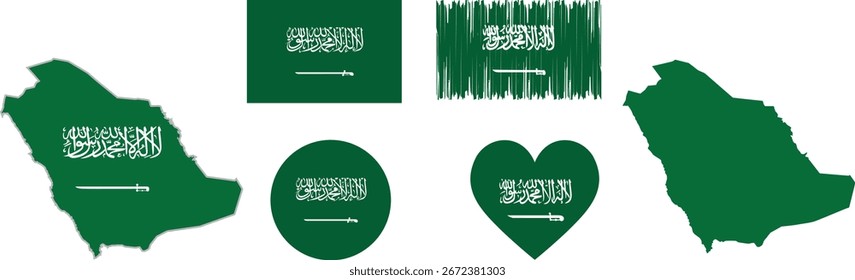 Bandeira e mapa da Arábia Saudita. Bandeira da Arábia Saudita em cores e proporções oficiais. Dia da Independência 23 de setembro, mapa, círculo e coração em forma Arábia Saudita
