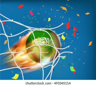 Saudi Arabia flag on football in fire ball design goes through the net with confetti in concept of goal celebration ,vector format EPS10