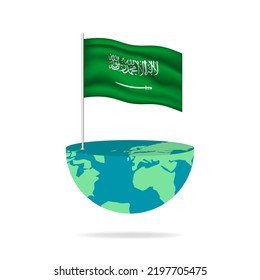 Saudi-Arabien Fahne auf der Erde. Die Flagge winkt um die Welt. Einfache Bearbeitung und Vektorgrafik in Gruppen. Nationale Flagge, Vektorgrafik auf weißem Hintergrund.