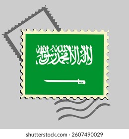Saudi Arabia flag postage stamp. Isolated vector illustration on grey post stamp background