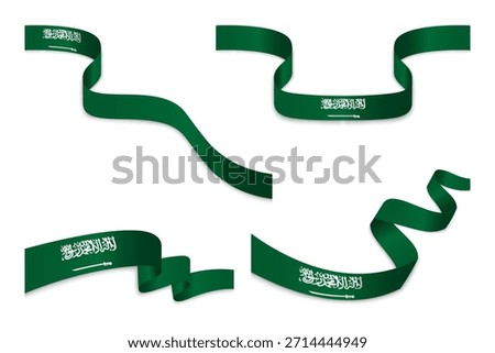 Saudi Arabia Flag Ribbon Set, Green Waving Banner with Arabic Calligraphy for National Design