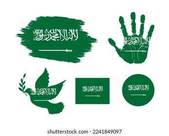 Saudi Arabia flag set, flag of Saudi Arabia collection. Flag in grunge, Dove, Handprint, square and round shape. vector illustration