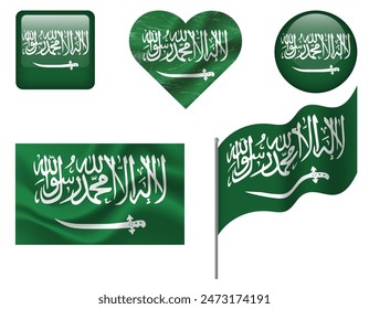 Saudi Arabia flag set of icons. Vector flag of Saudi Arabia, symbol. Set of Saudi Arabia flags button, waved, heart.