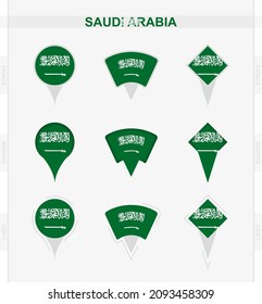 Saudi Arabia flag, set of location pin icons of Saudi Arabia flag. Vector illustration of national symbols.