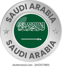 Bandera de Arabia Saudita en medalla de plata. Bandera nacional en emblema de círculo de metal.