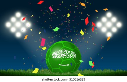 Saudi Arabia flag in soccer ball with confetti in stadium to celebrate for football match in night time with spot light backdrop, This design for sport template , banner in vector illustration