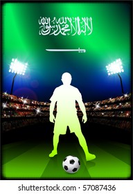 Saudi Arabia Flag with Soccer Player on Stadium Background Original Illustration