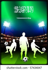 Saudi Arabia Flag with Soccer Player on Stadium Background Original Illustration