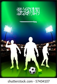 Saudi Arabia Flag with Soccer Player on Stadium Background Original Illustration