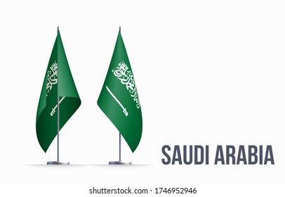 Saudi Arabia flag state symbol isolated on background national banner. Greeting card National Independence Day of the Kingdom of Saudi Arabia. Illustration banner with realistic state flag.