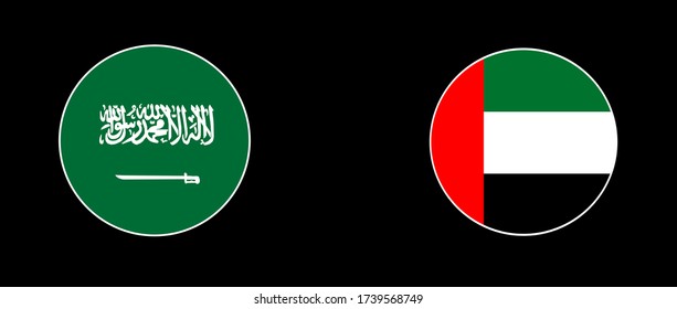 Saudi Arabia Flag and United Arab Emirates Flag Buttons symbolizing relationship rounded on isolated black for Middle East or Arabian Gulf push button concepts.	